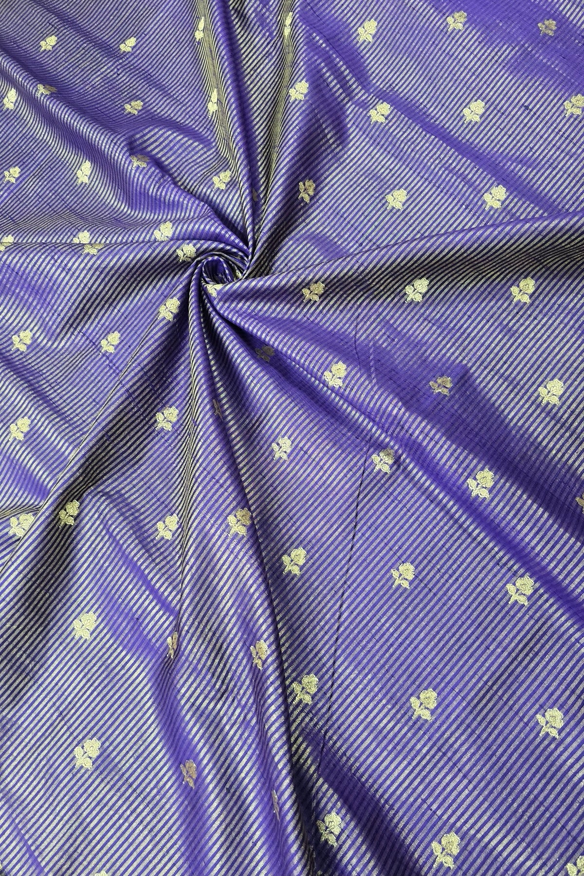 Zari Woven Lines With Motifs On Pure Banaras Raw Silk Fabric