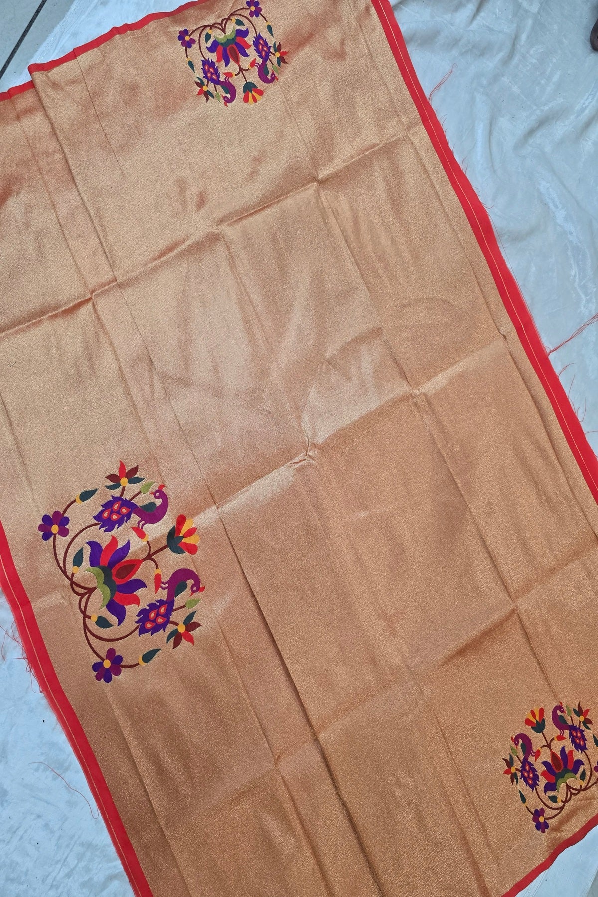 Peacock & Lotus Floral Bunch Paithani Woven Blouse Fabric (1 Mtr Cut)