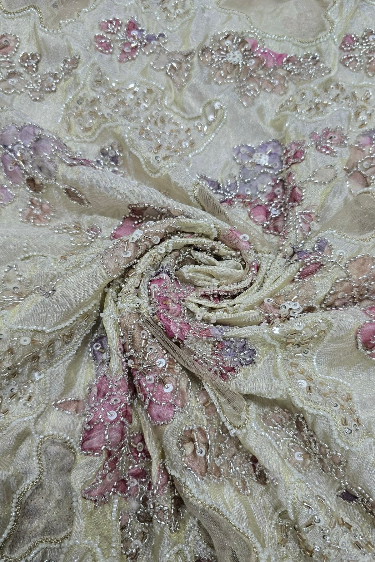 Net Applique Work & Cut Beads Embroidered Uppada Tissue Fabric