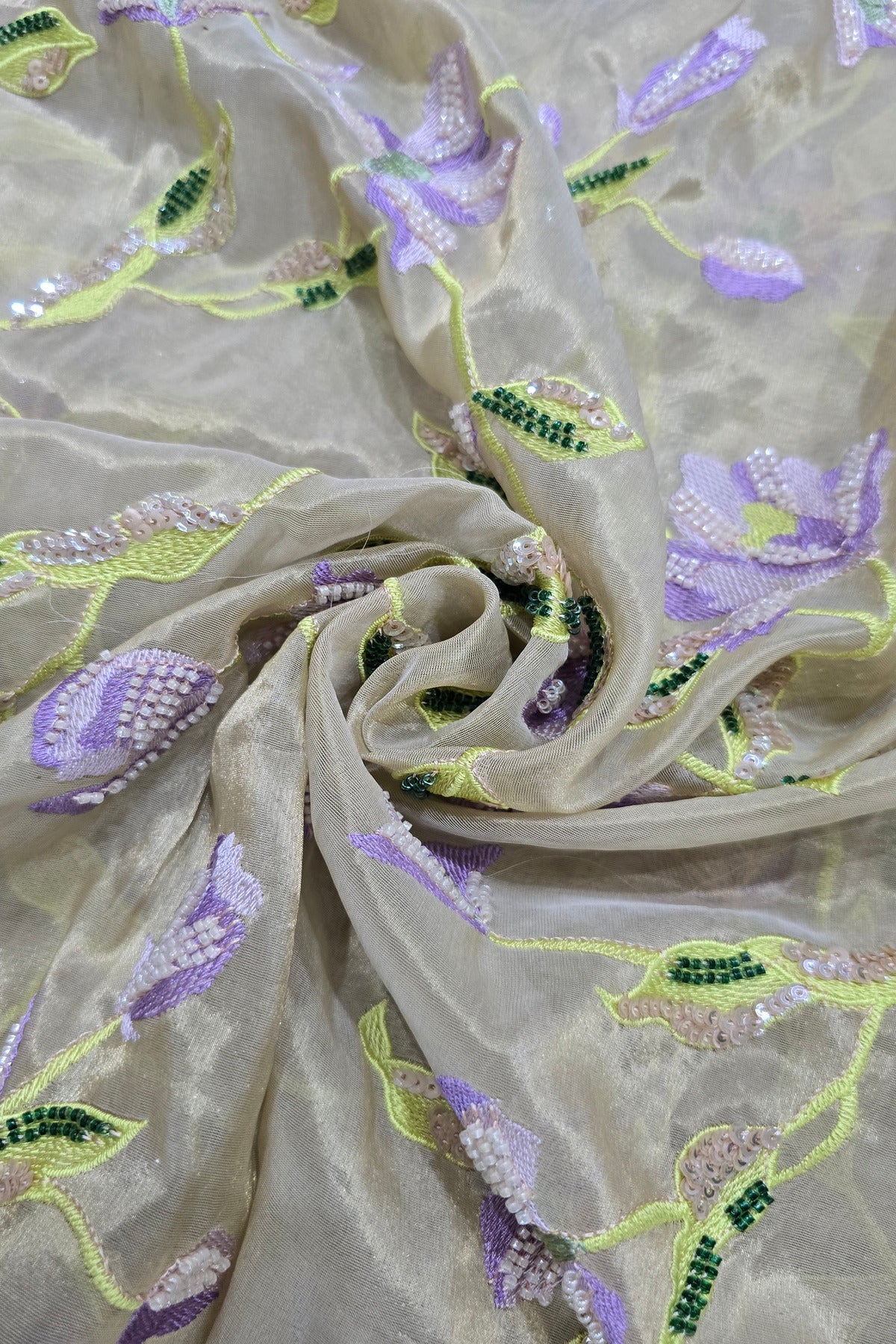 Rangoon Creeper Inspired Cut Beads & Sequins Embroidered Uppada Tissue Fabric