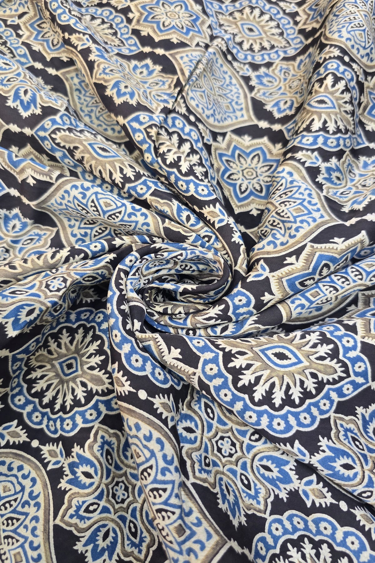 Kakar Clouds Ajrak Printed Pure Modal Satin Fabric