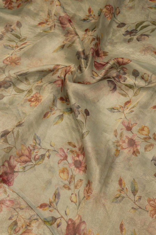 Cashmere Silver Grey Pure Organza Floral Printed Tissue