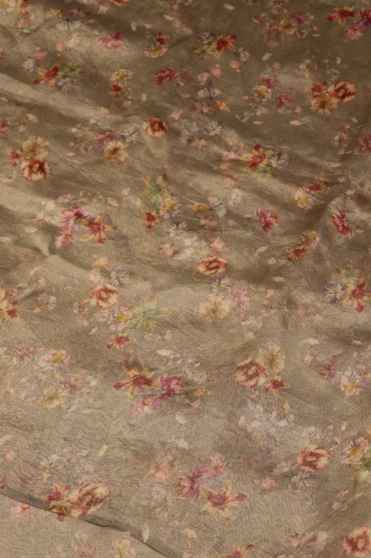 Cool Silver Grey Pure Organza Floral Printed Tissue