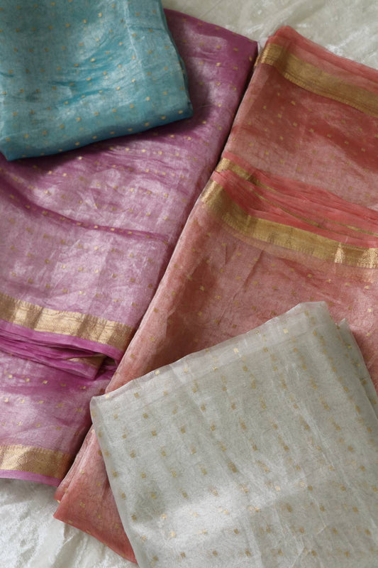 Pure Tissue With Polka Dots Woven & A Small Intricate Border Fabric