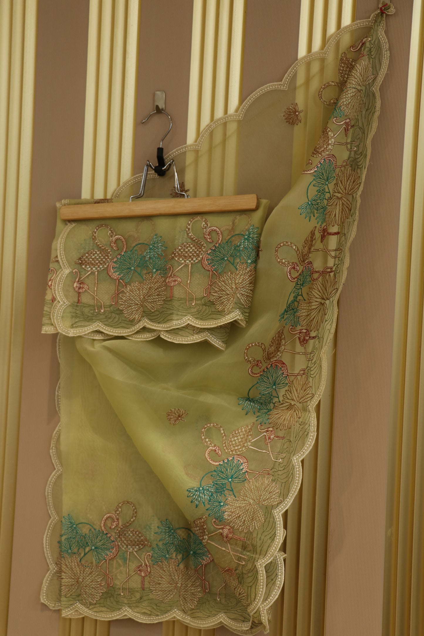 Pure Organza multi color thread embroidered dupatta scalloped