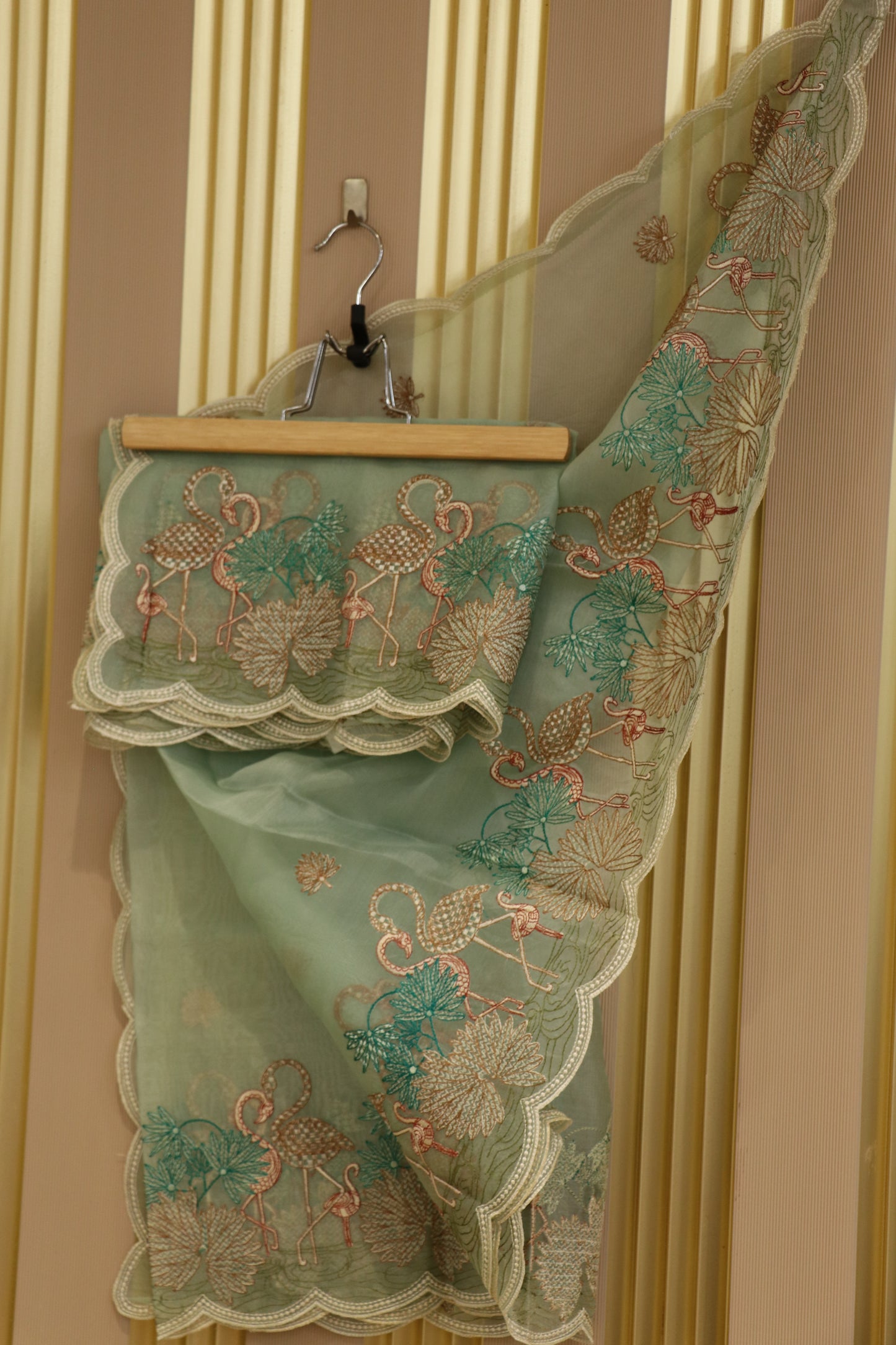 Pure Organza multi color thread embroidered dupatta scalloped