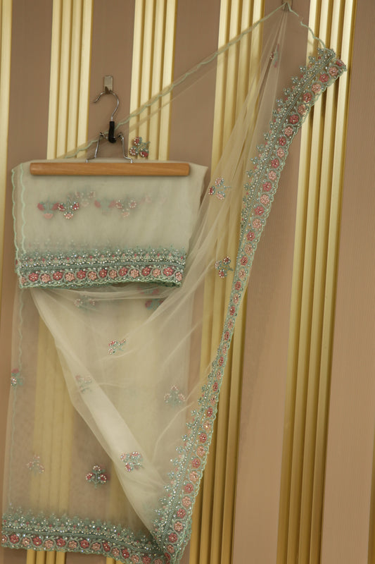 Net dupatta with thread embroidery,zari and stone work highlighted