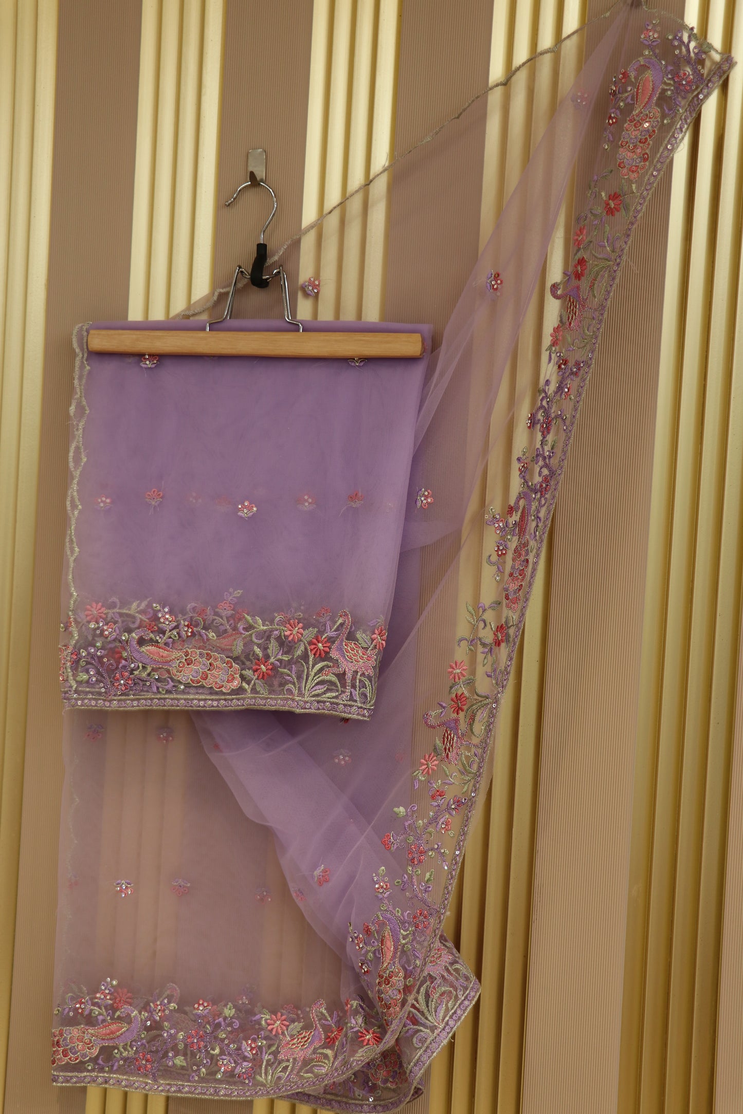 Net dupatta with thread embroidery,zari and stone work highlighted