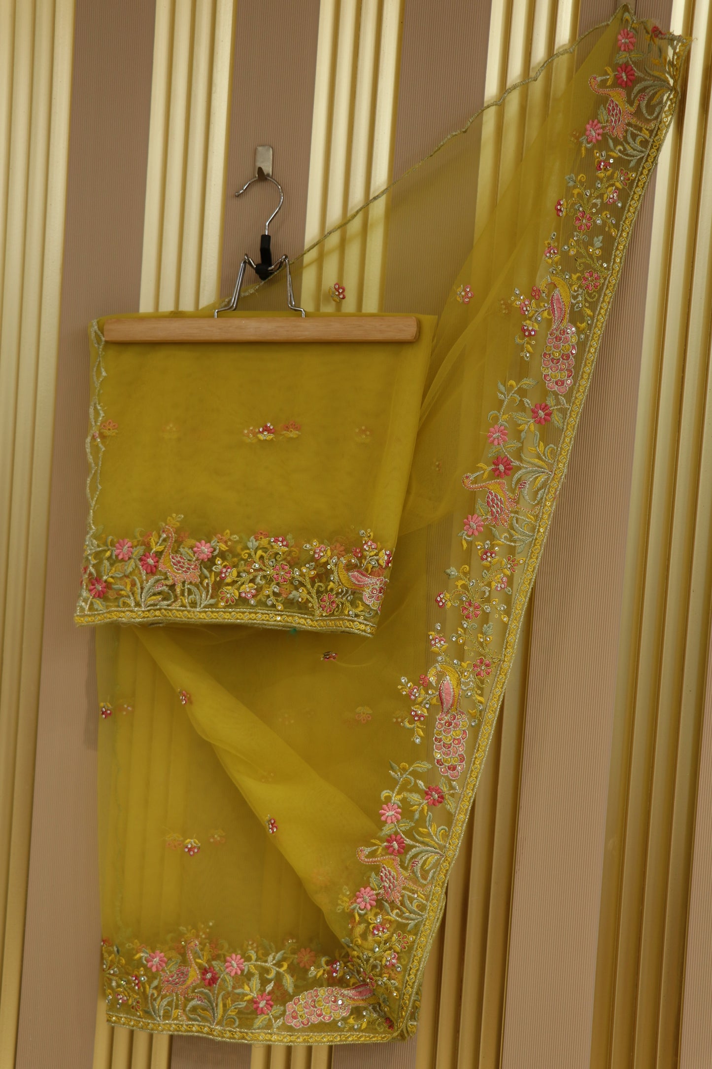 Net dupatta with thread embroidery,zari and stone work highlighted