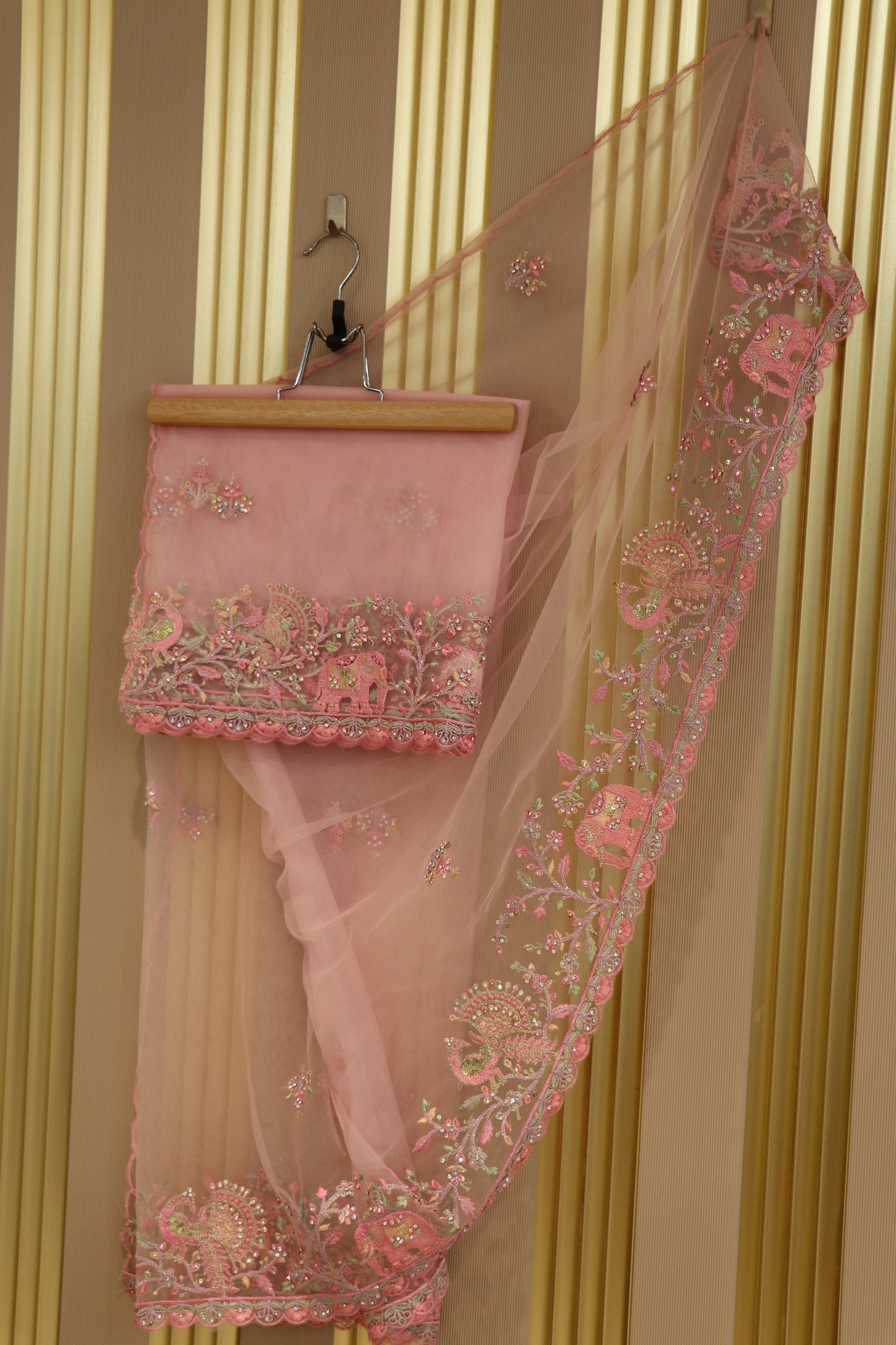 Net dupatta with thread embroidery,zari and stone work highlighted