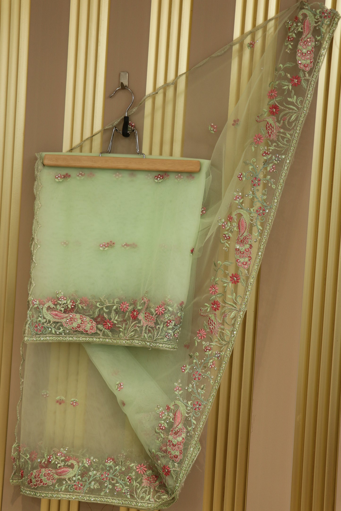 Net dupatta with thread embroidery,zari and stone work highlighted