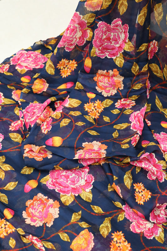 Royal Blue Multi Floral Printed Falling Organza Fabric