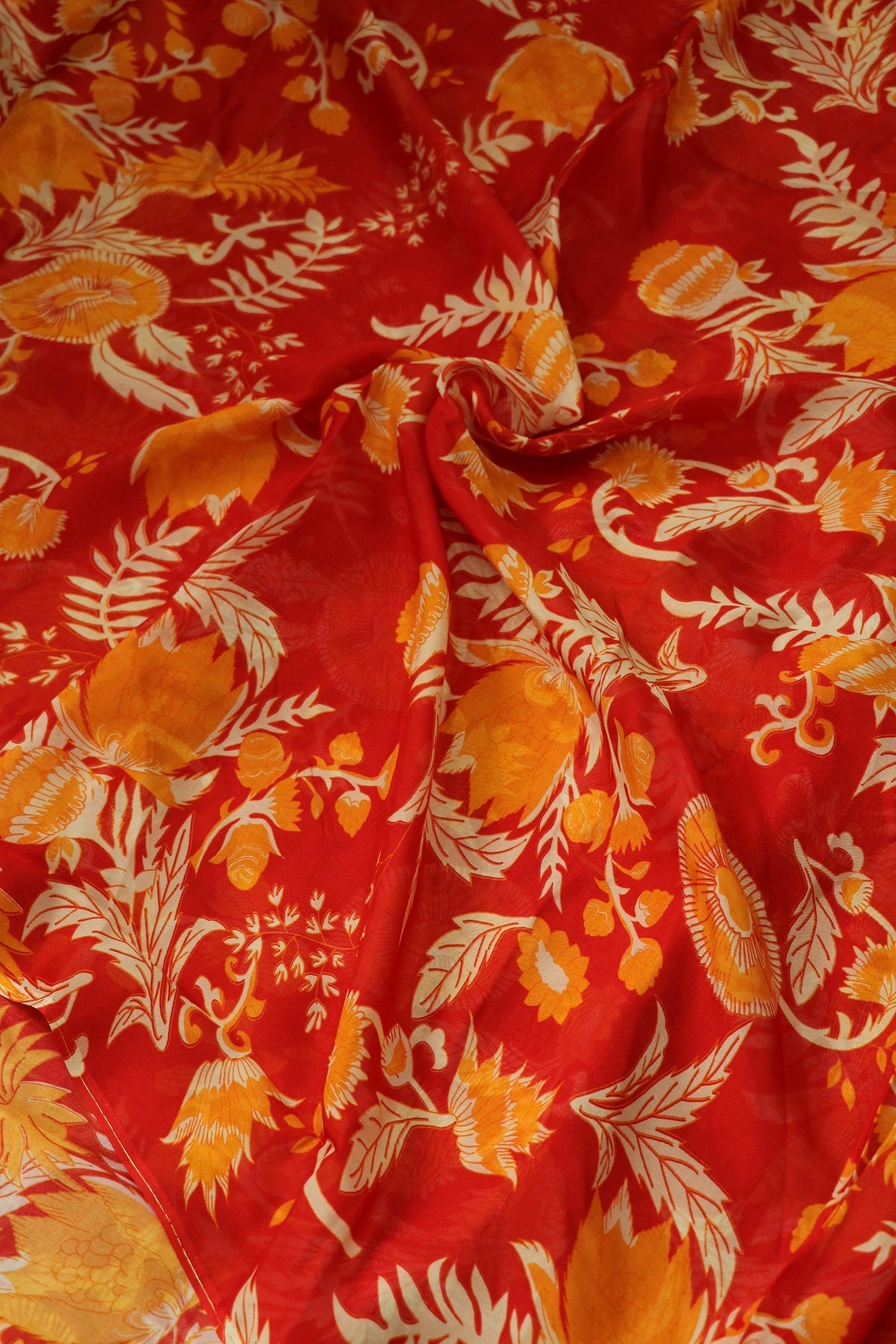 Vermillion Red Floral Printed Falling Organza Fabric