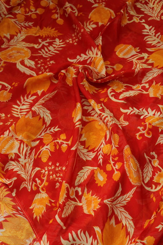 Vermillion Red Floral Printed Falling Organza Fabric