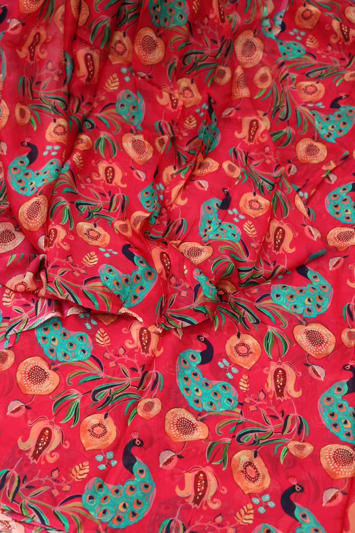 Raspberry Pink Peacock Floral Printed Falling Organza