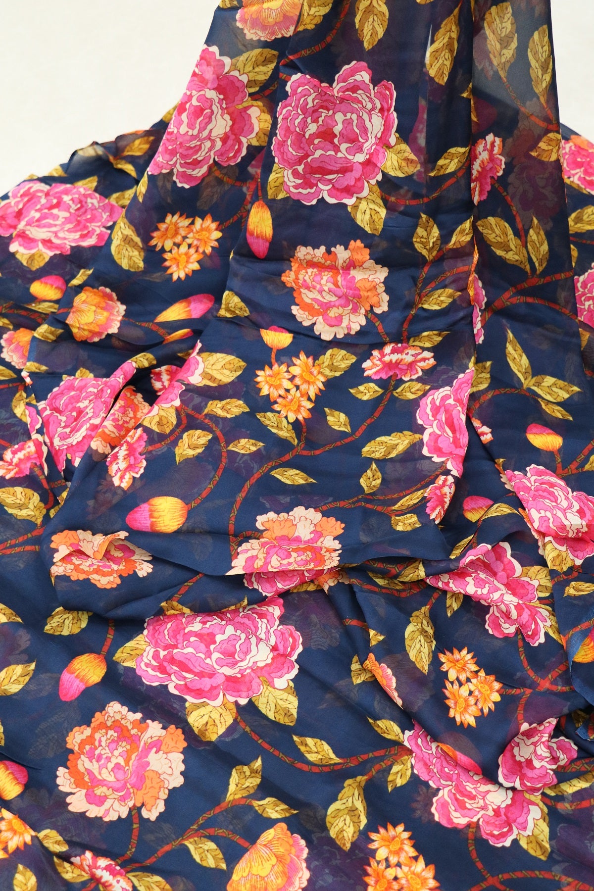 Royal Blue Multi Floral Printed Falling Organza Fabric