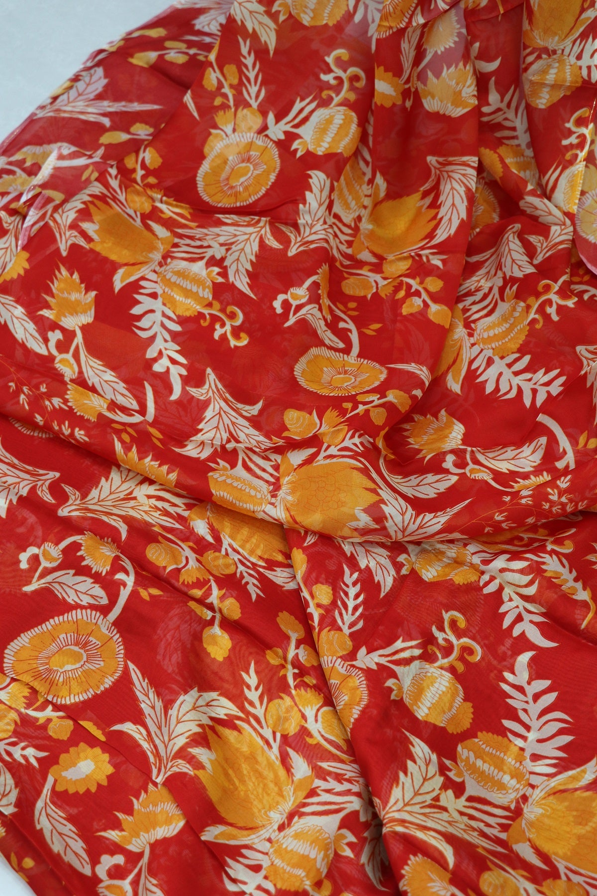 Vermillion Red Floral Printed Falling Organza Fabric