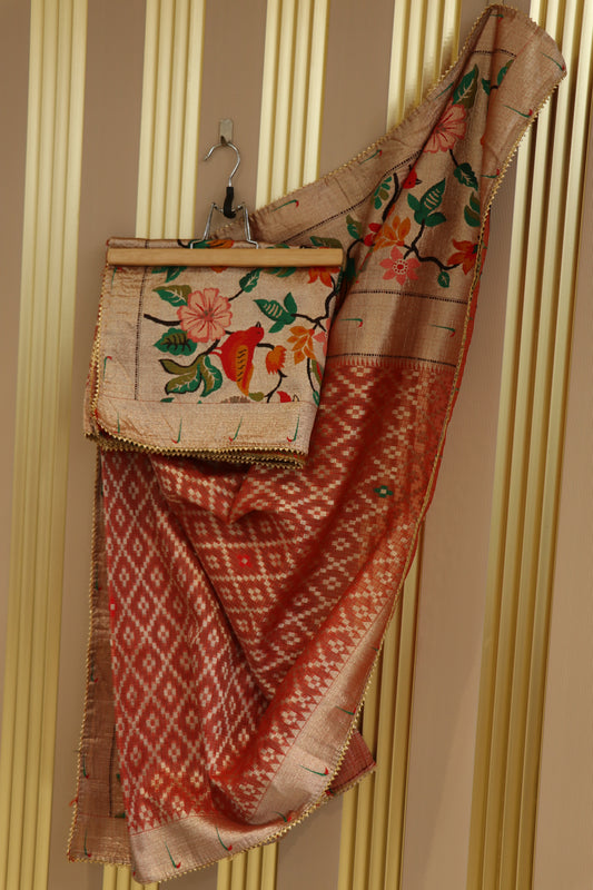 Semi tissue cotton kota with pithani muniya border and gota lace.