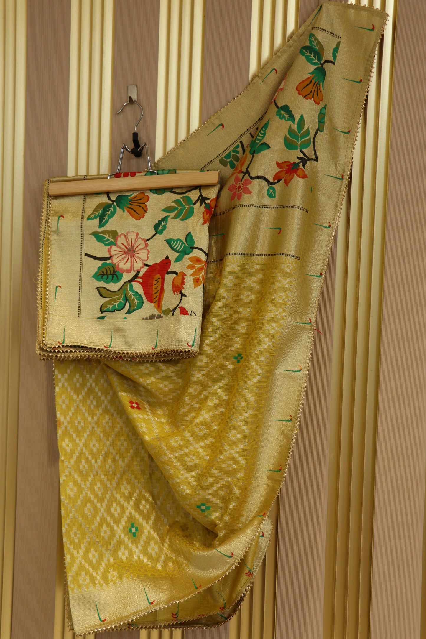 Semi tissue cotton kota with pithani muniya border and gota lace.