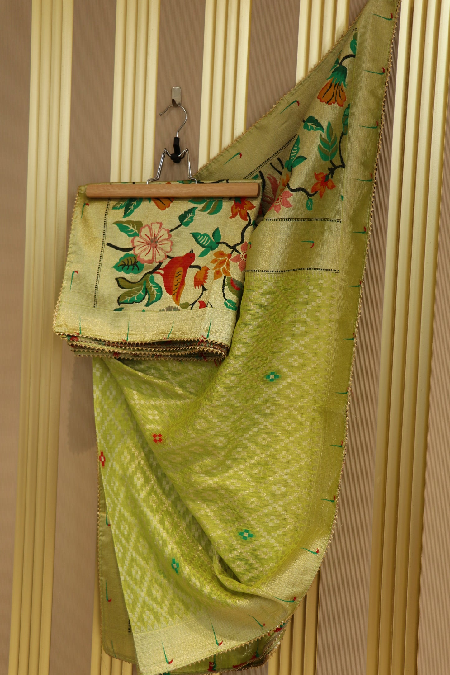 Semi tissue cotton kota with pithani muniya border and gota lace.