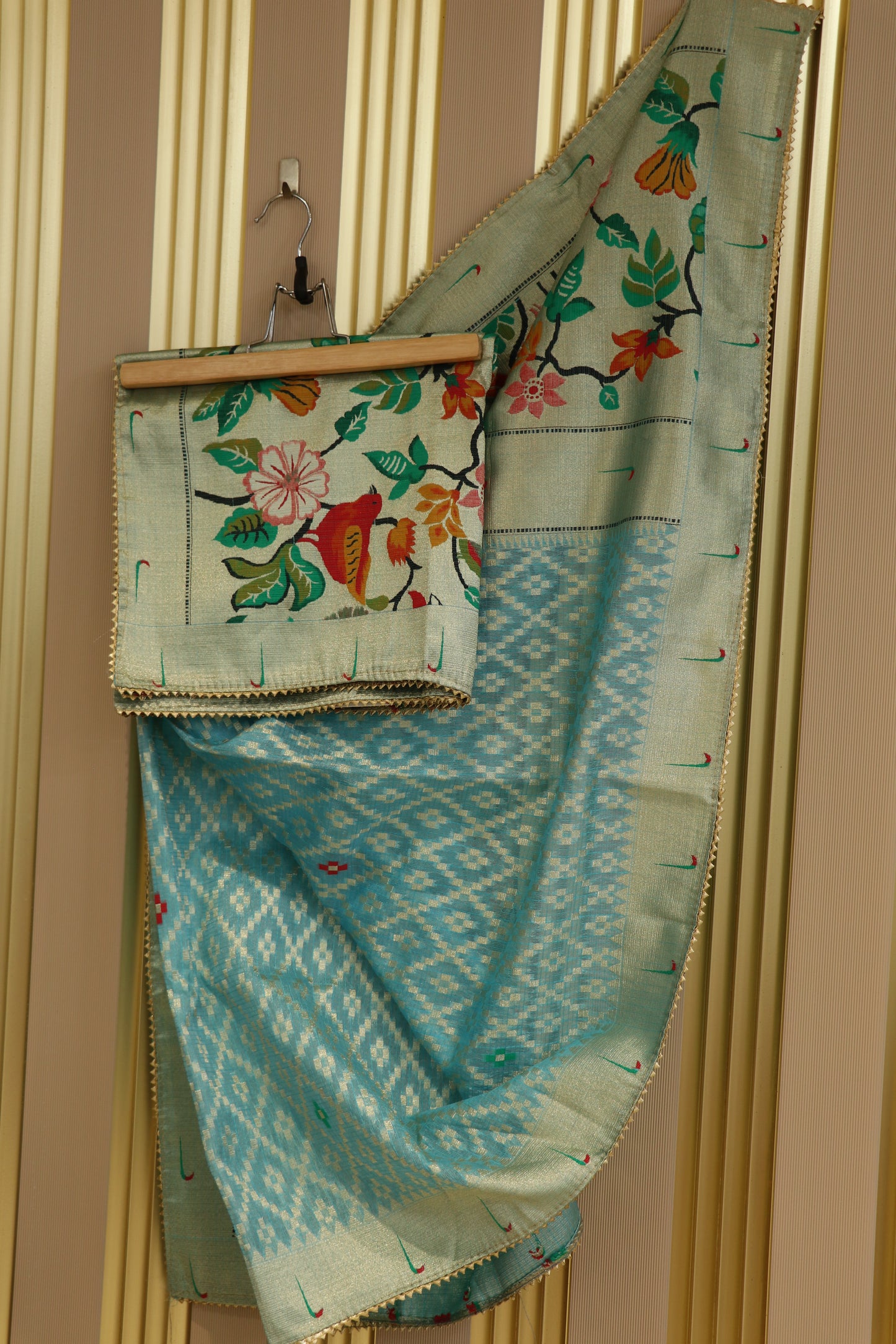 Semi tissue cotton kota with pithani muniya border and gota lace.