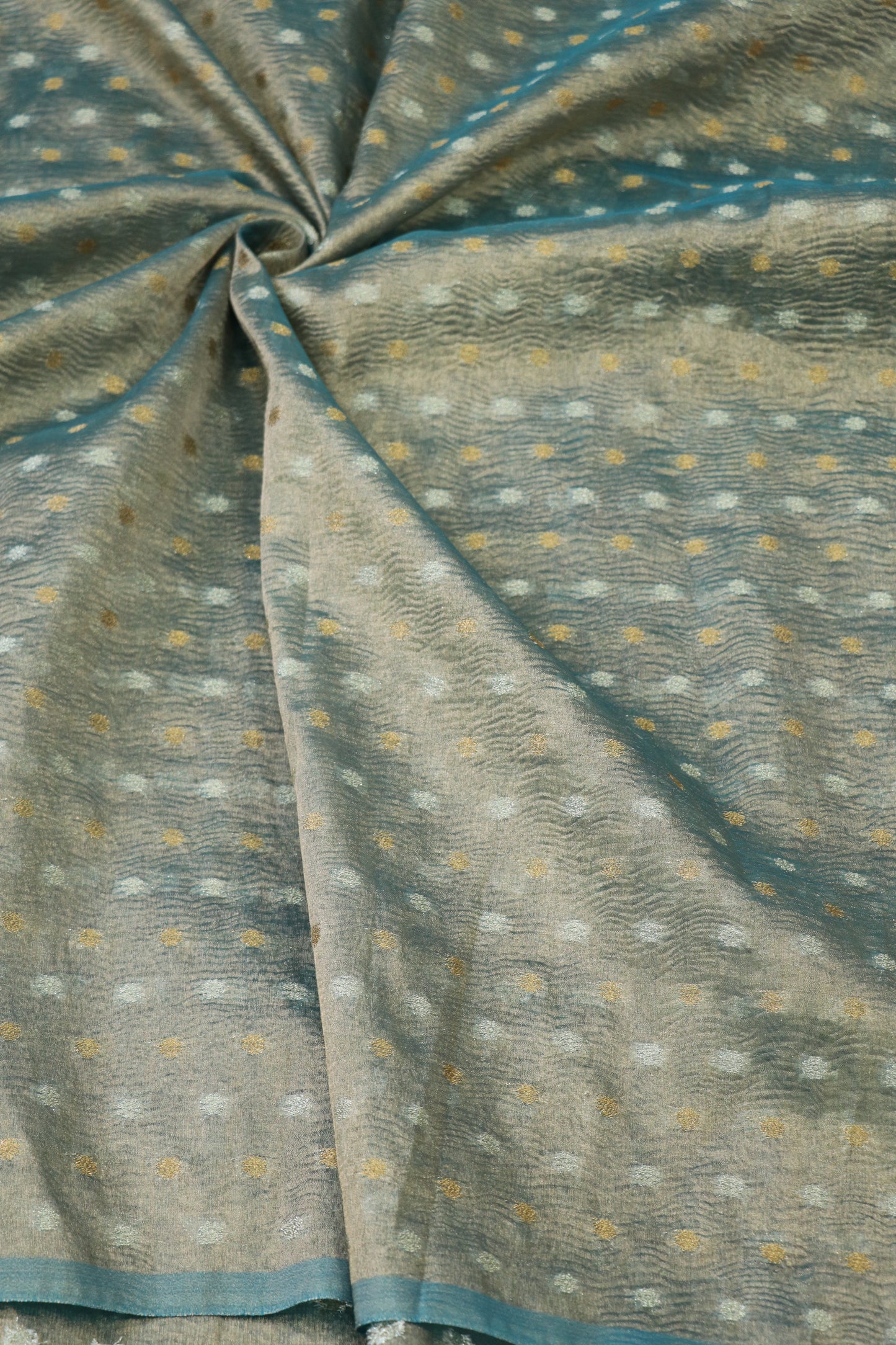 Crushed Semi Woven Tissue Fabric With Gold & Silver Polka Dots
