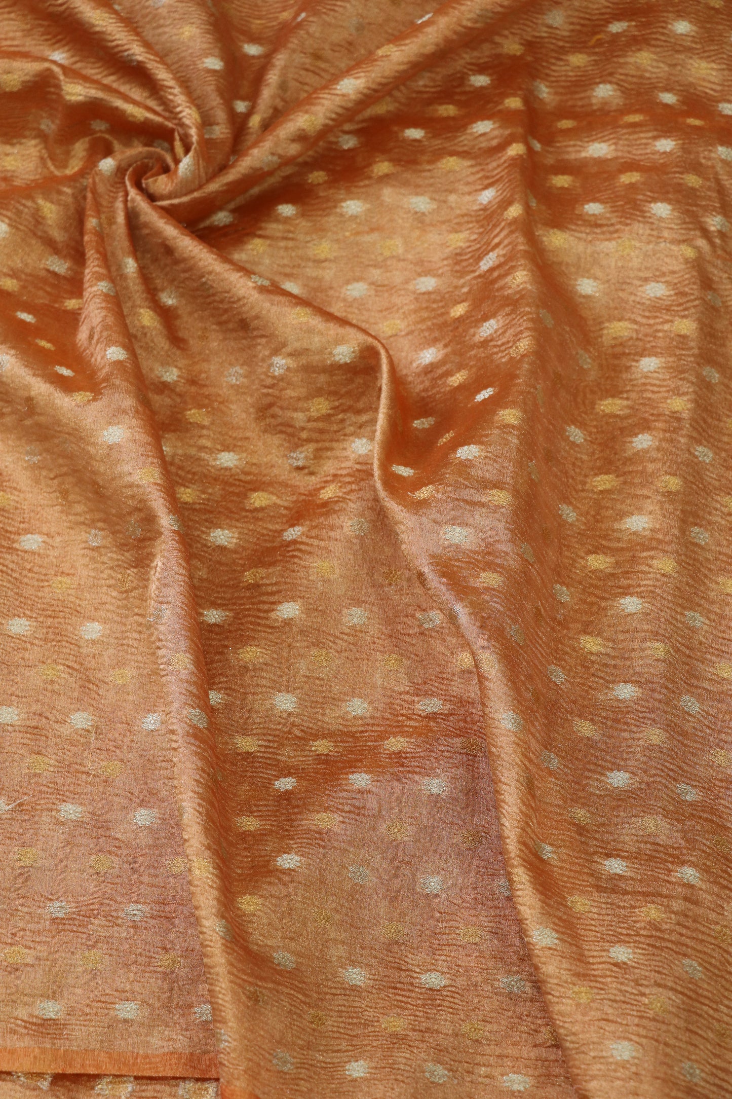 Crushed Semi Woven Tissue Fabric With Gold & Silver Polka Dots