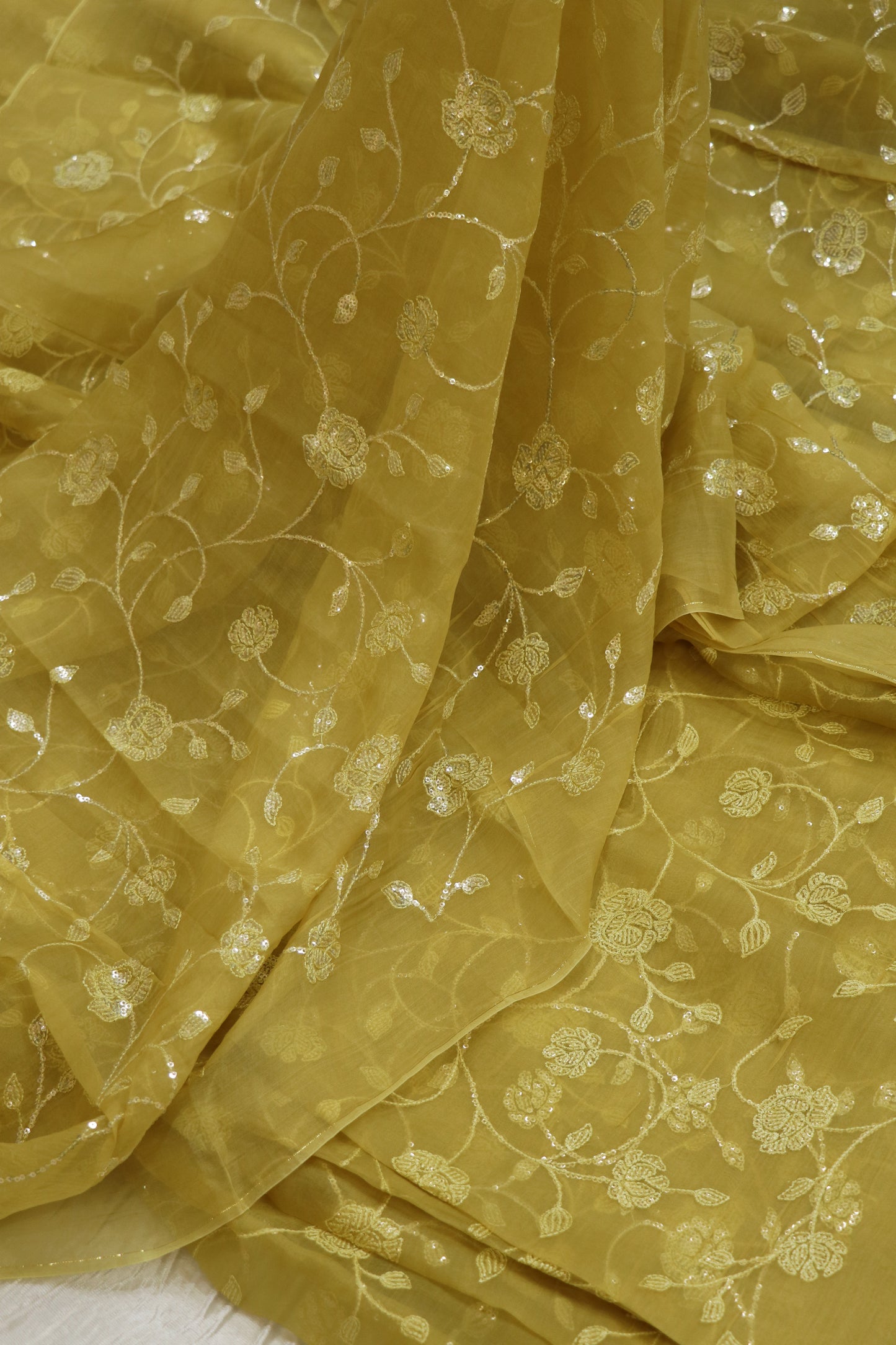 Self Sequins Floral Jaal Embroidered Pure Organza Fabric