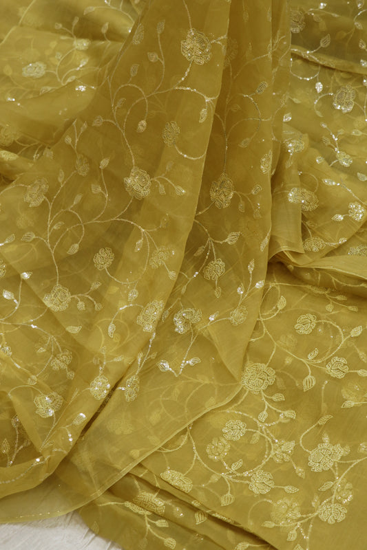 Self Sequins Floral Jaal Embroidered Pure Organza Fabric