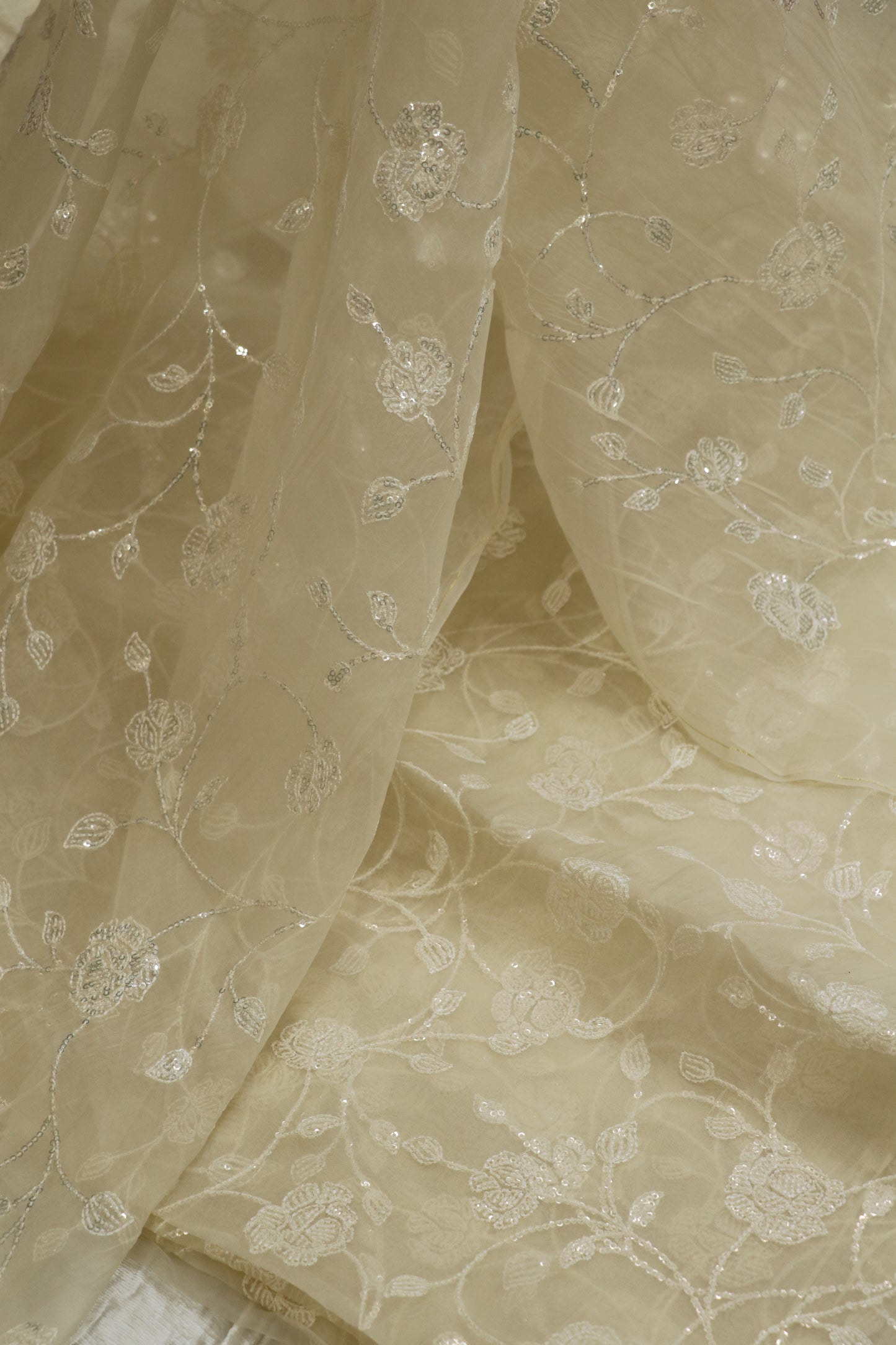 Self Sequins Floral Jaal Embroidered Pure Organza Fabric