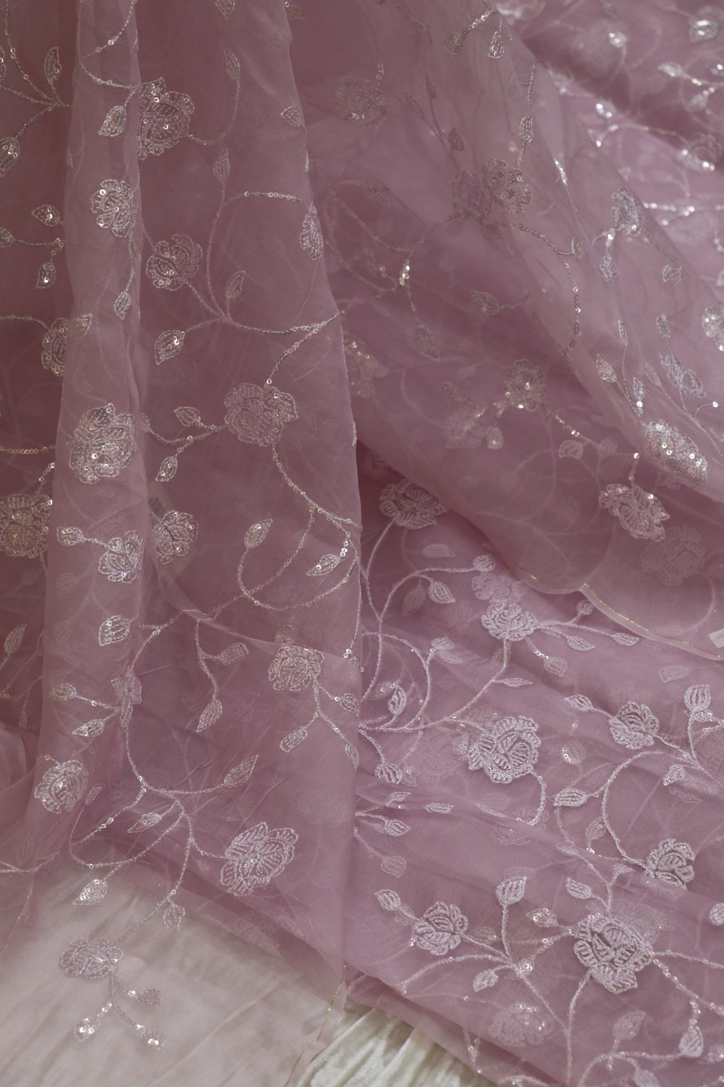 Self Sequins Floral Jaal Embroidered Pure Organza Fabric