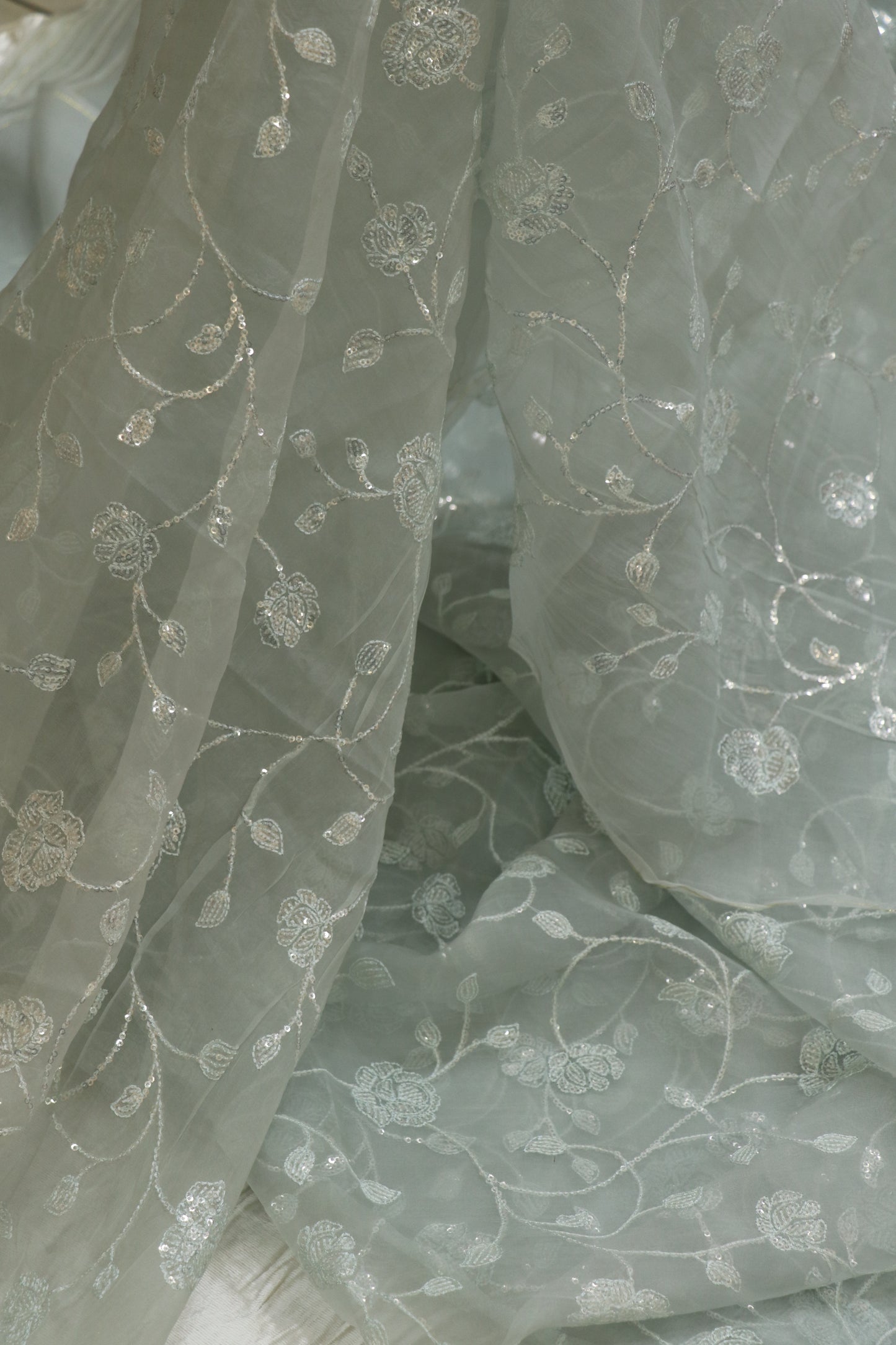 Self Sequins Floral Jaal Embroidered Pure Organza Fabric