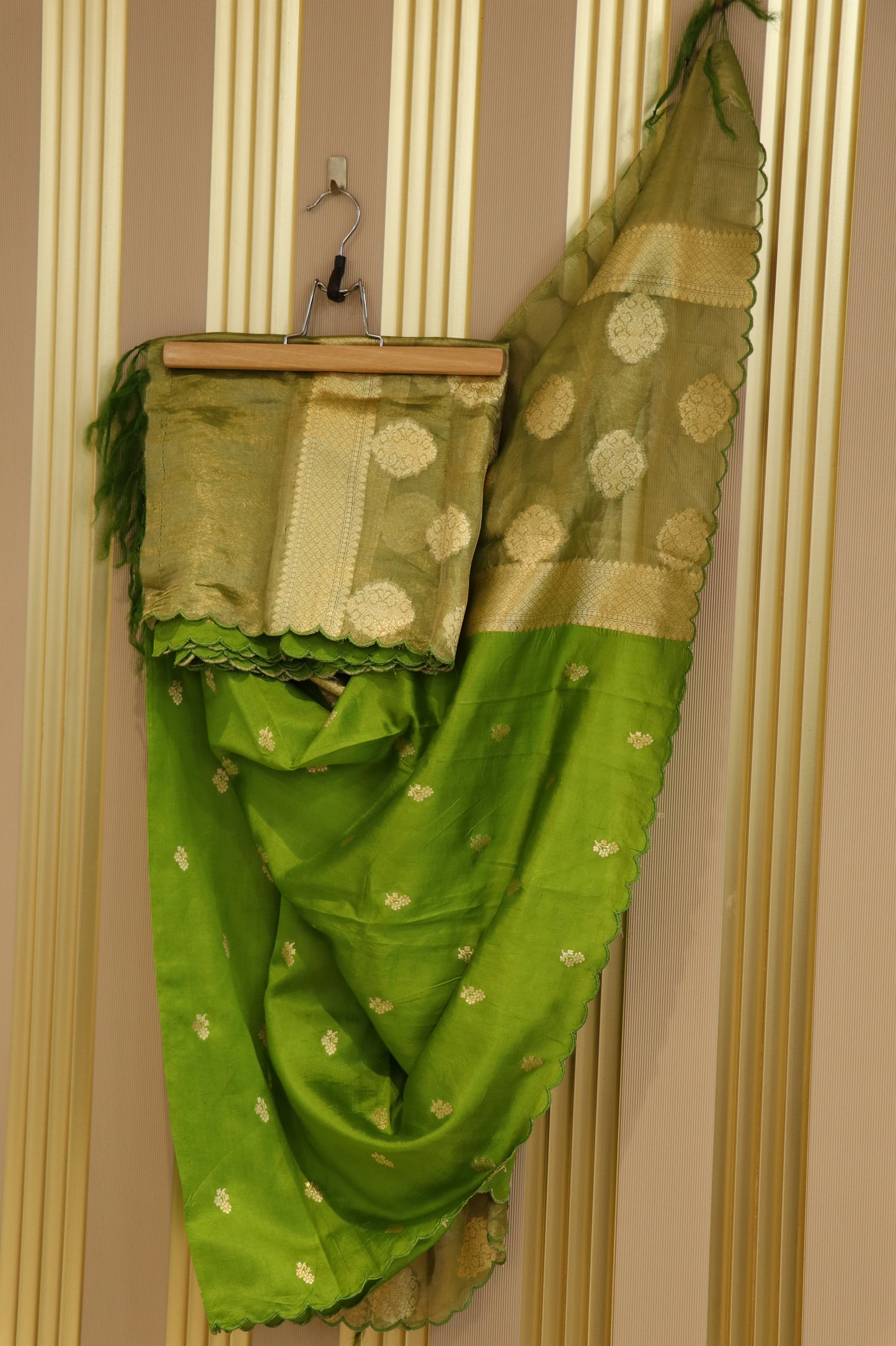 Pure banaras chiniya silk dupattas with flower buttis and tissue pallu scaloped
