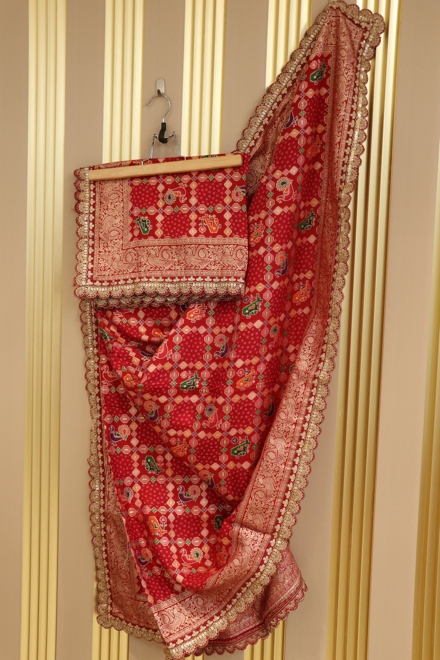Dola silk semi patola banarasi woven with cutwork border.