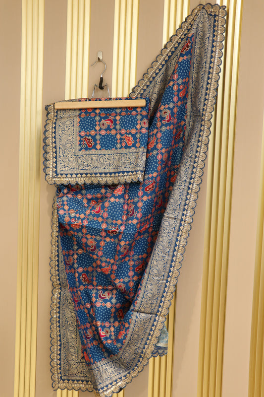 Dola silk semi patola banarasi woven with cutwork border.