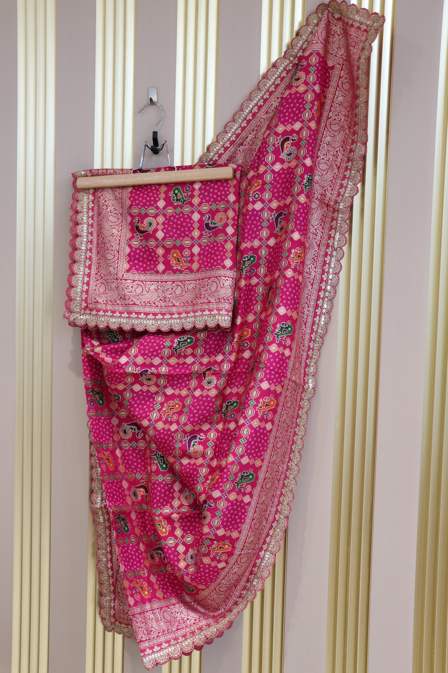 Dola silk semi patola banarasi woven with cutwork border.