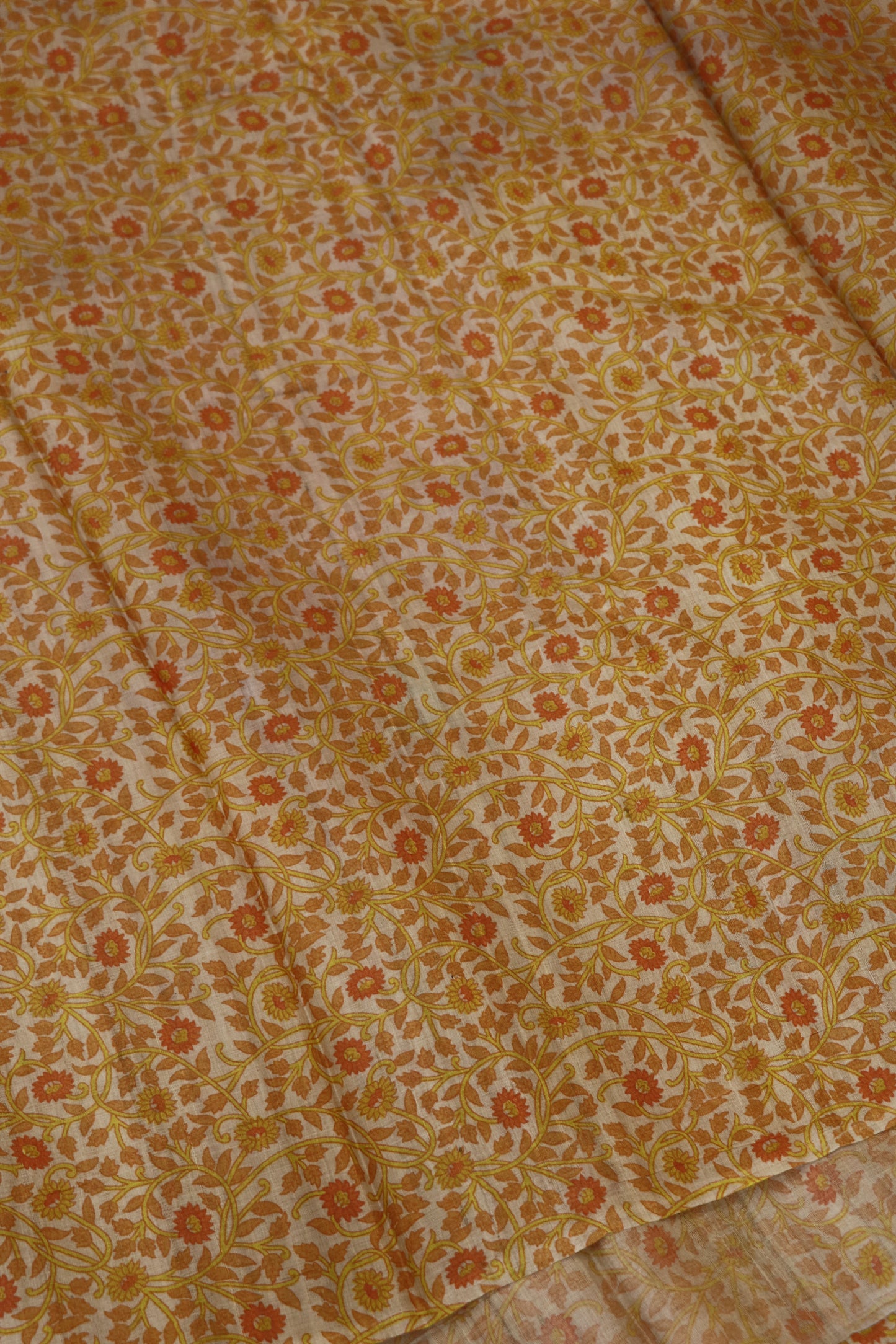Natural Desi Tussar Orange Yellow Intricate Floral Printed Fabric