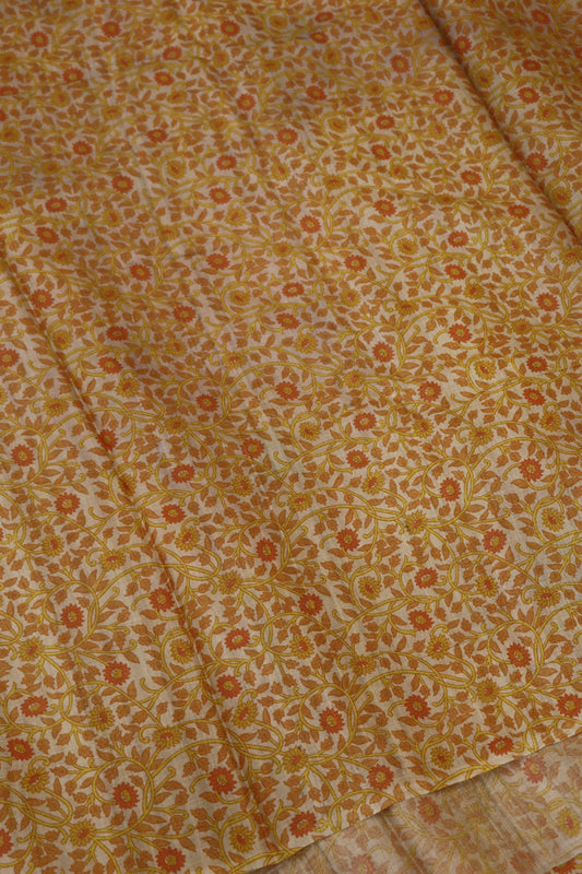 Natural Desi Tussar Orange Yellow Intricate Floral Printed Fabric