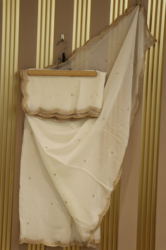 White Dyeable Chinon Dupatta With Zari Sequins Embroidery Cutworked