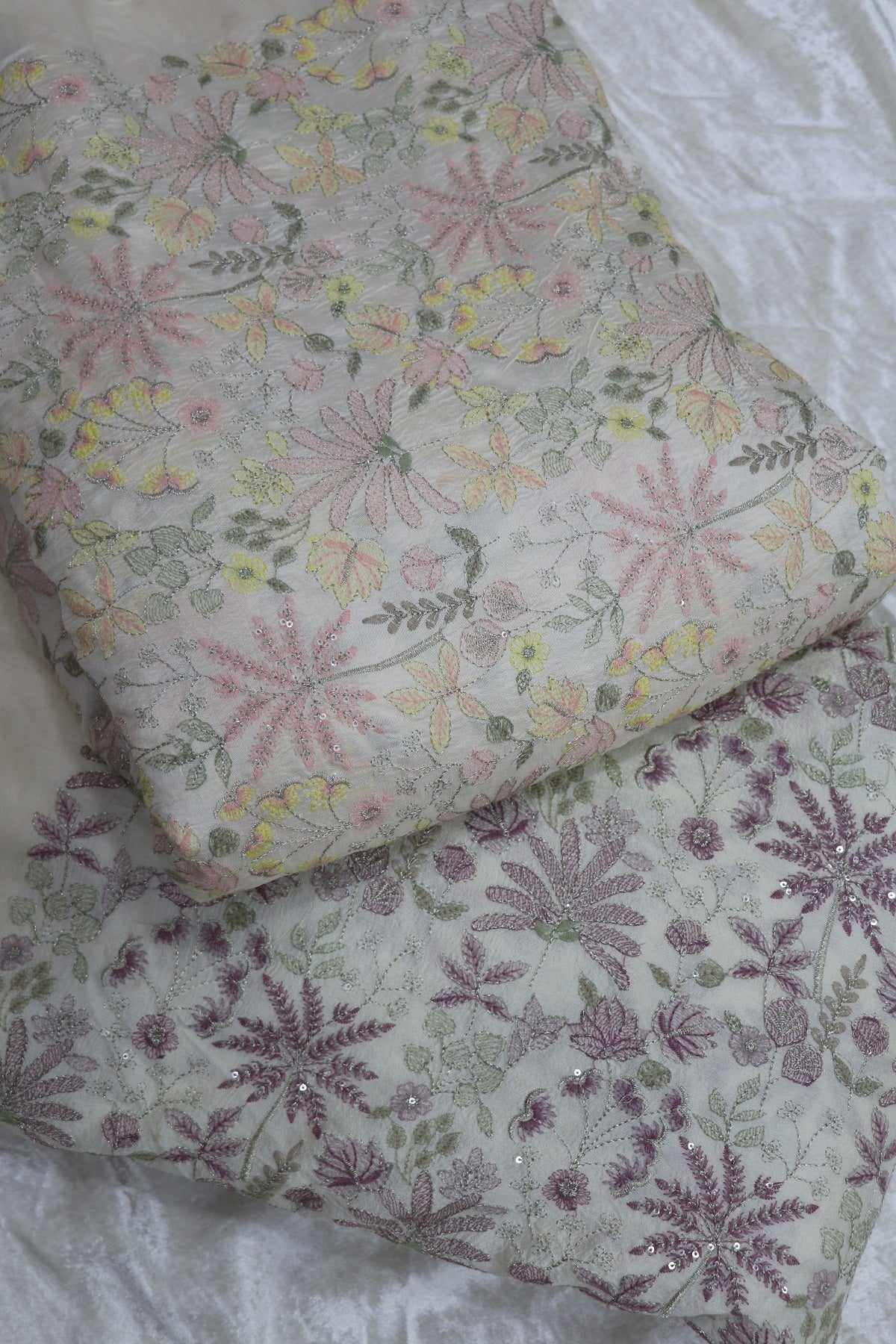 Pure Falling Raw Silk Hues Of Patsel Shaded & Zari Thread Embroidered Fabric