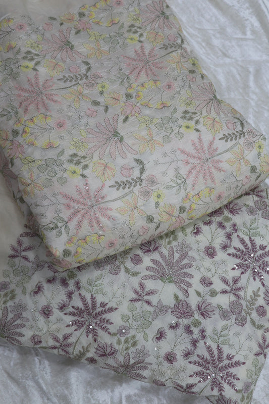 Pure Falling Raw Silk Hues Of Patsel Shaded & Zari Thread Embroidered Fabric