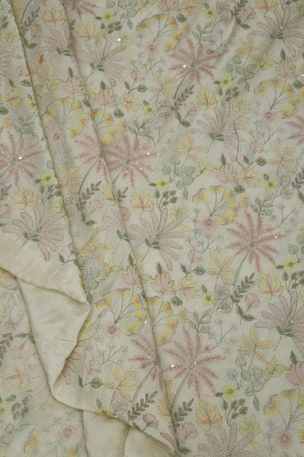 Pure Falling Raw Silk Hues Of Patsel Shaded & Zari Thread Embroidered Fabric