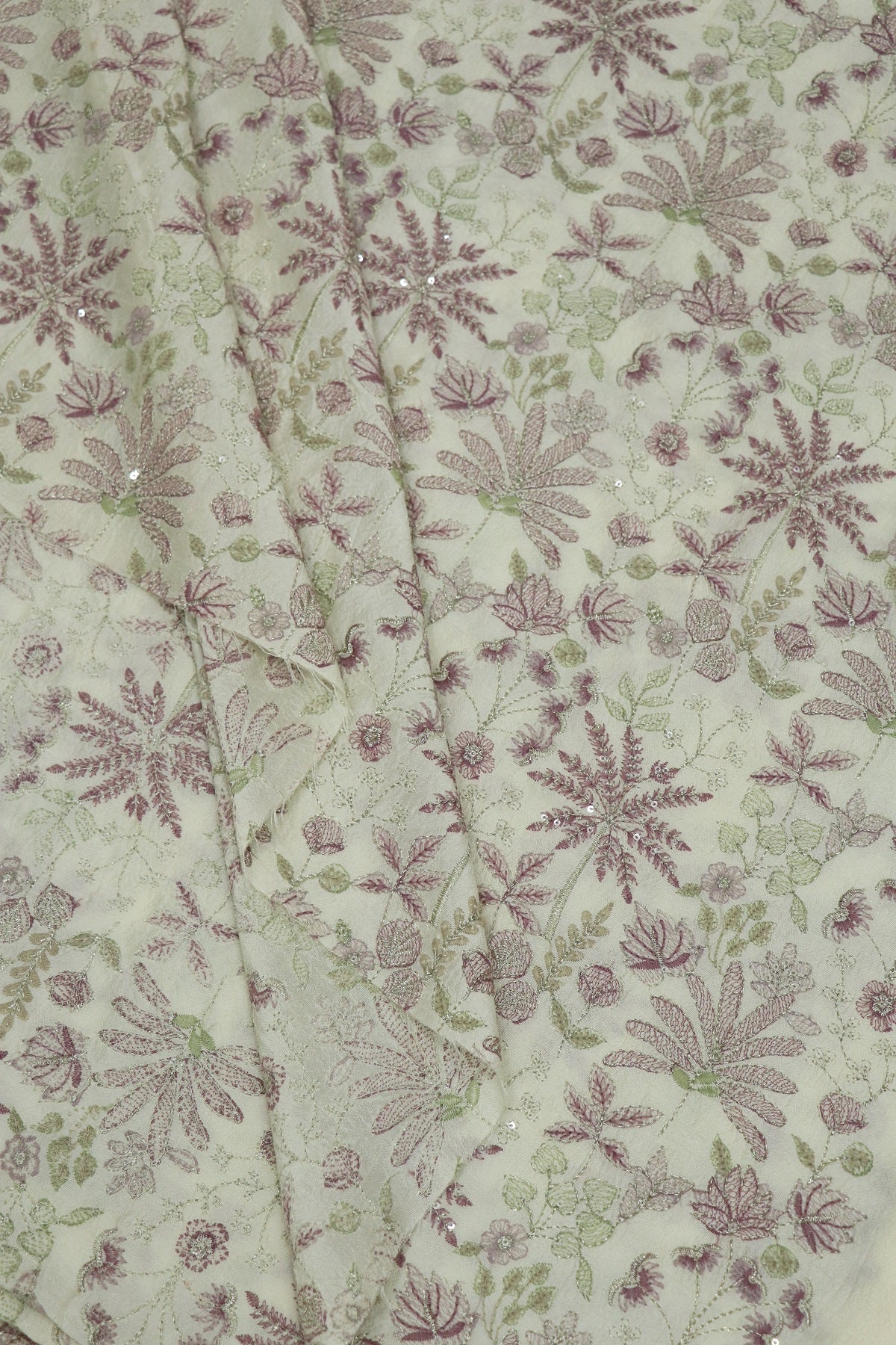 Pure Falling Raw Silk Hues Of Patsel Shaded & Zari Thread Embroidered Fabric