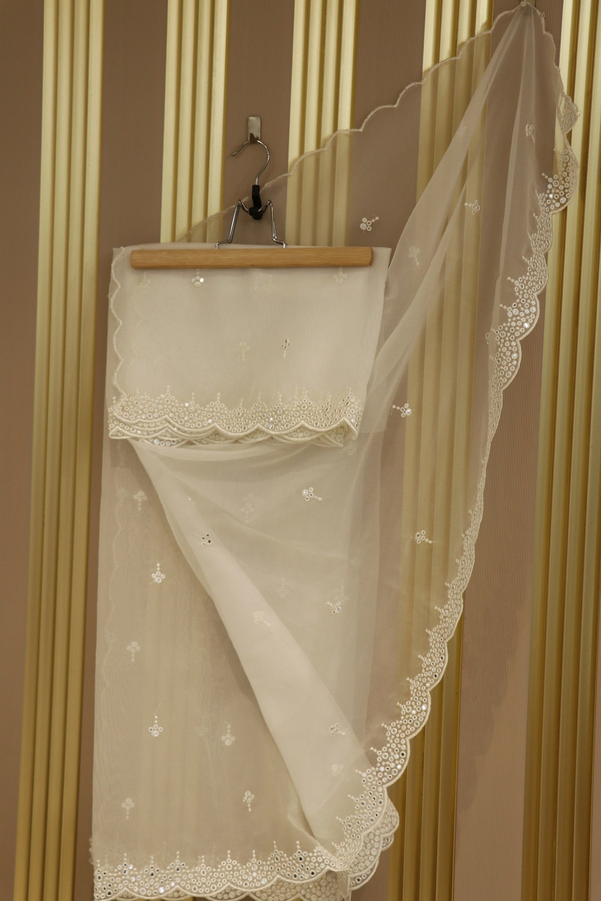 White Dyeable Organza Dupatta With Thread & Mirrorwork Scalloped