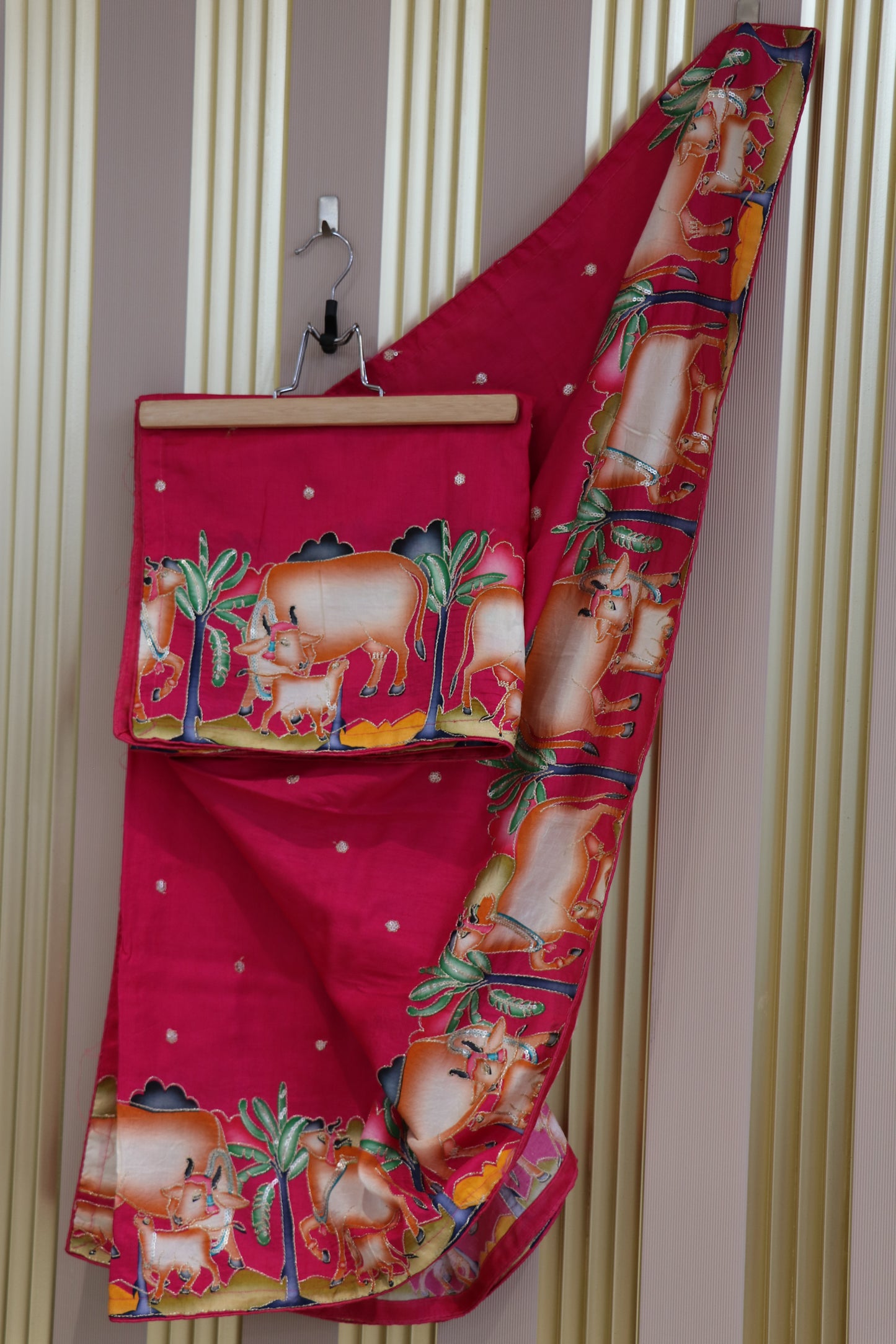 Dola silk dupatta with pitchwai prints,zari and sequins highlighted