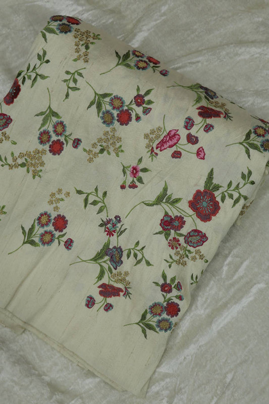 Ivory White Embroidered Pure Raw Silk Fabric