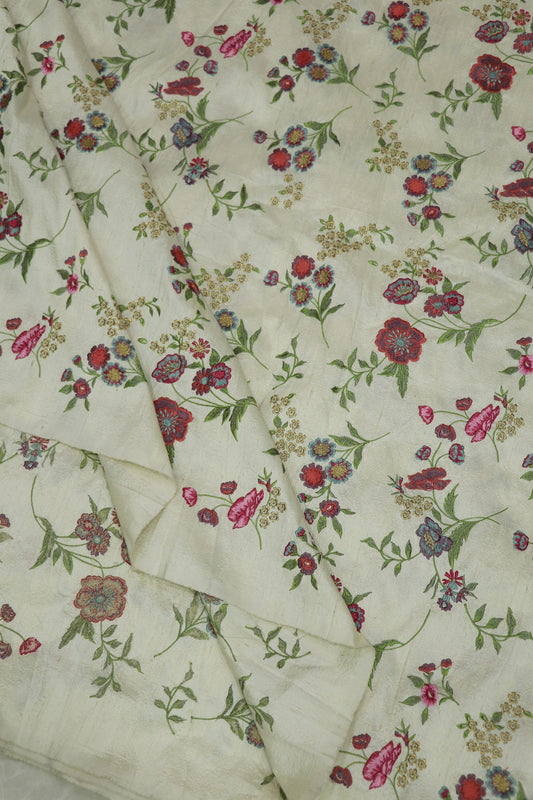 Ivory White Pure Raw Silk Multi Floral Embroidery Fabric