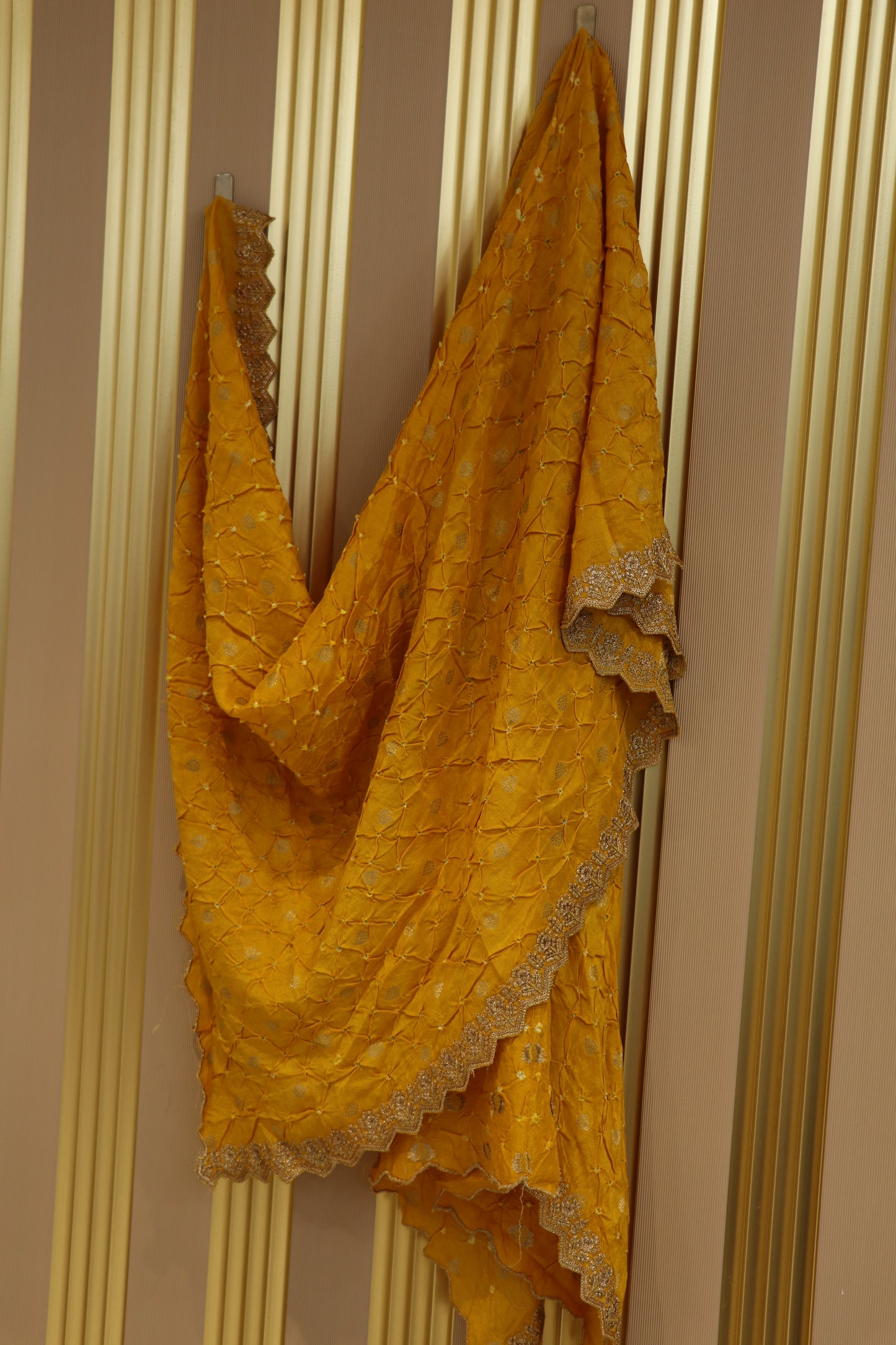 Russian silk dupattas pure bandhani and banarasi butti weaved with scallopes embroidery
