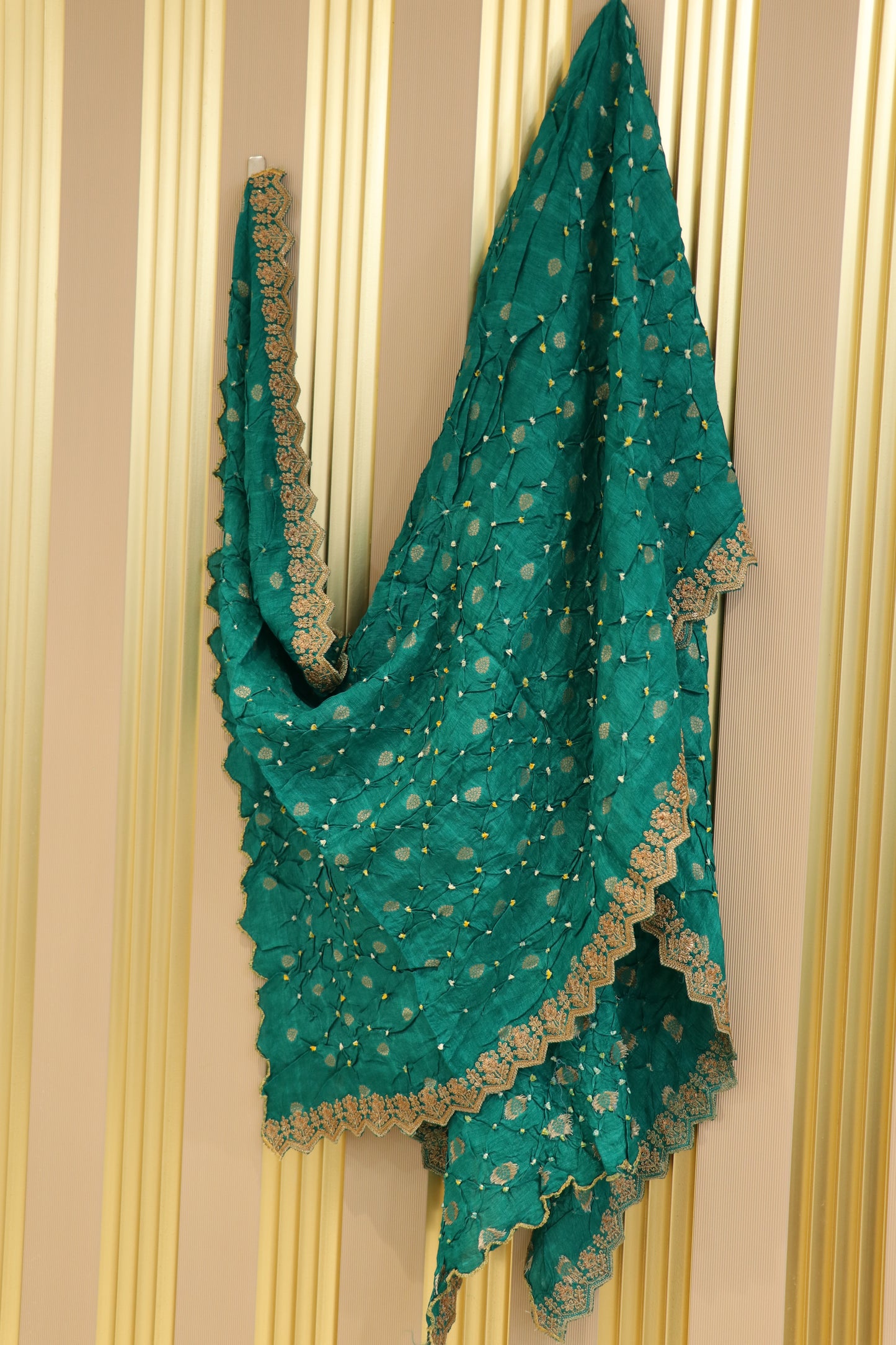 Russian silk dupattas pure bandhani and banarasi butti weaved with scallopes embroidery