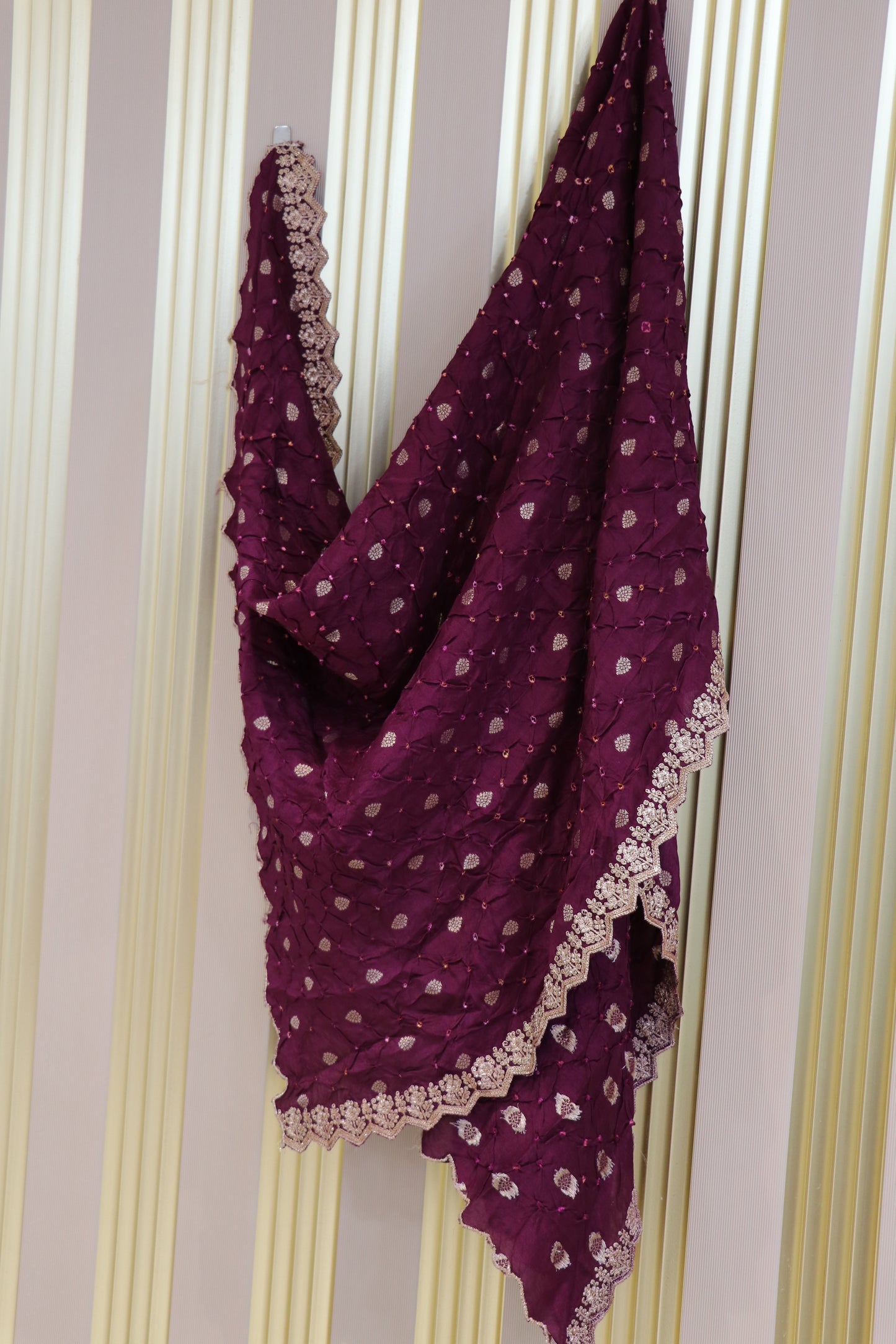 Russian silk dupattas pure bandhani and banarasi butti weaved with scallopes embroidery